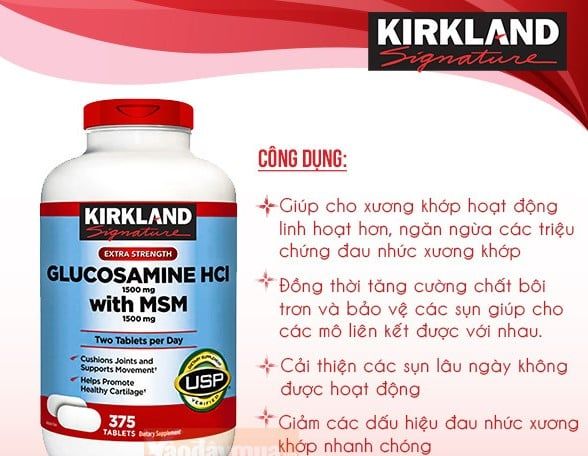 Viên uống bổ khớp của Mỹ Kirkland Signature™ Glucosamin HCL & MSM 1500mg hộp 375 viên