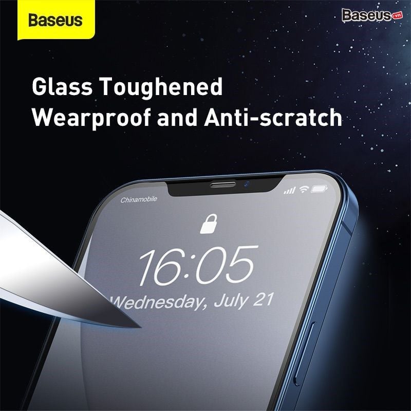 Kính cường lực nhám Baseus iPhone 12 – 0.25mm, chống vân tay, full viền, bộ 2 miếng, chống bám cực tốt