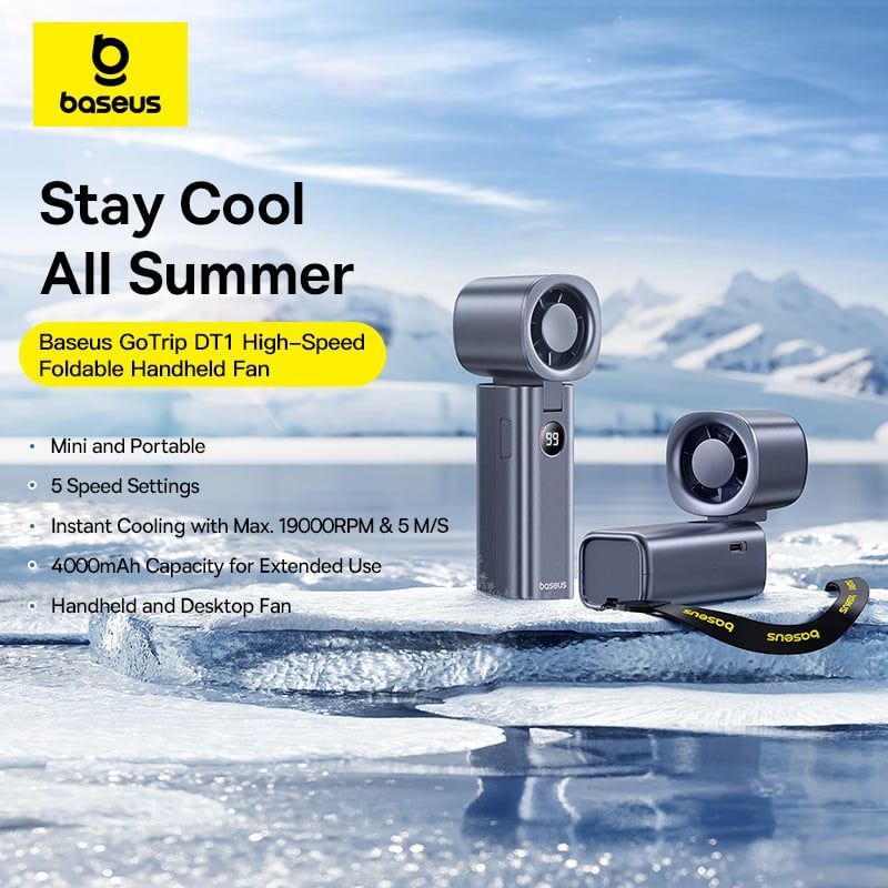 Quạt Cầm Tay Baseus GoTrip DT1 High-Speed (4000mAh, 8.5H, Digital Display, 19000RPM & 5m/s, 5 Speed Settings, 90° Foldable)