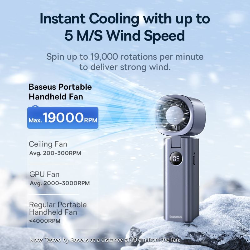 Quạt Cầm Tay Baseus GoTrip DT1 High-Speed (4000mAh, 8.5H, Digital Display, 19000RPM & 5m/s, 5 Speed Settings, 90° Foldable)