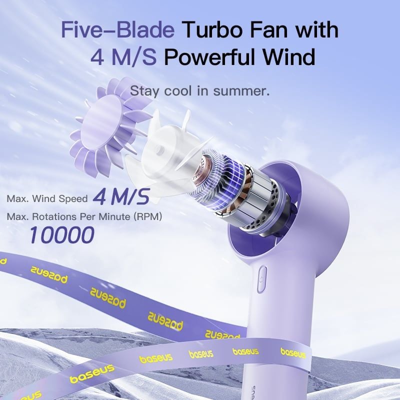 Quạt Cầm Tay Baseus GoTrip DT1 Mini (1200mAh, Five-Blade Turbo Fan with 4 M/S Powerful Wind, 10000RPM, 39dB Quiet Operation, 4H, 3 Speed Settings)