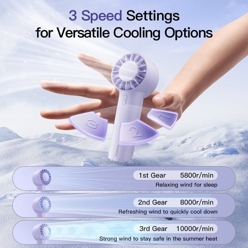 Quạt Cầm Tay Baseus GoTrip DT1 Mini (1200mAh, Five-Blade Turbo Fan with 4 M/S Powerful Wind, 10000RPM, 39dB Quiet Operation, 4H, 3 Speed Settings)