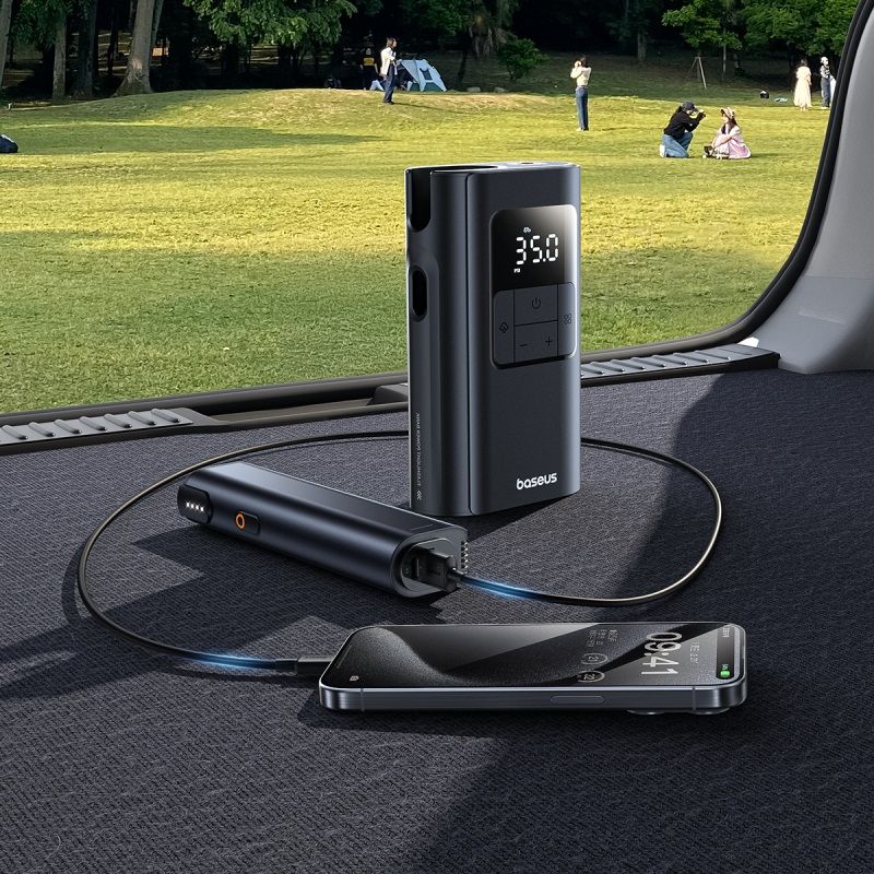 Máy Bơm Lốp Ô Tô 2-in-1 Baseus PrimeTrip VA1 (Up to 180 Days Battery Life, Wireless & Wired Modes, Detachable Flashlight, Dual-Port Power Bank)