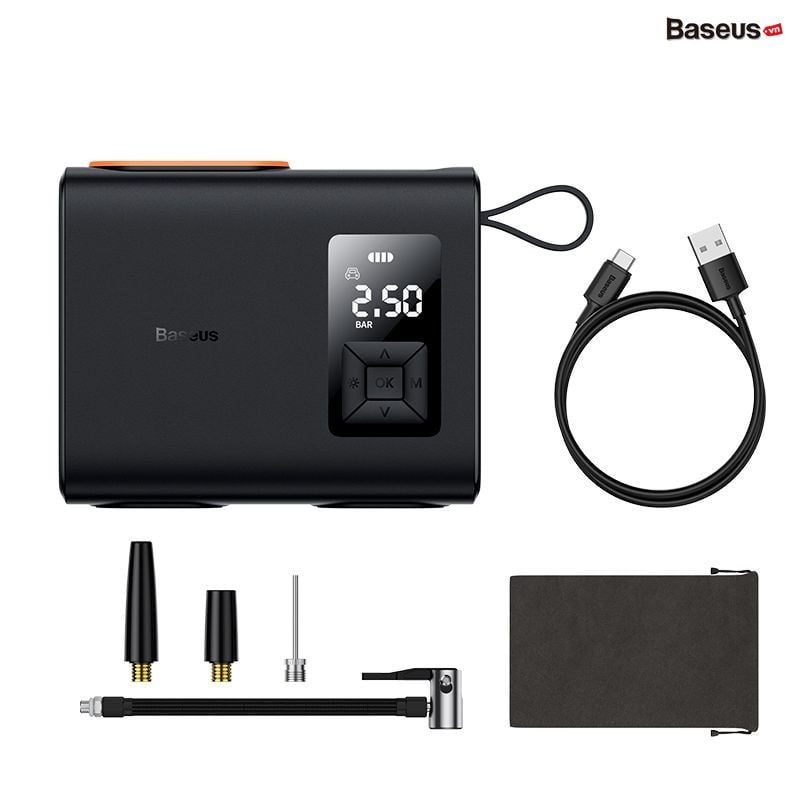 Máy bơm lốp ô tô Baseus Mega EnergyPump 250W – Pin sạc, bơm nhanh, 2 xi-lanh, công suất lớn, màn hình LCD
