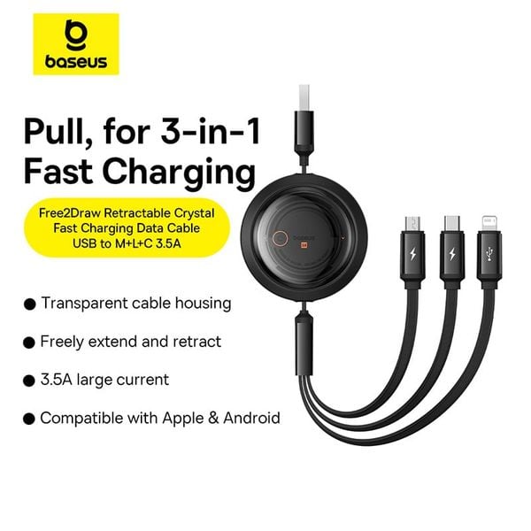 Cáp Sạc Đa Năng Baseus Free2Draw Retractable Crystal Fast Charging Data Cable USB to M+L+C 3.5A