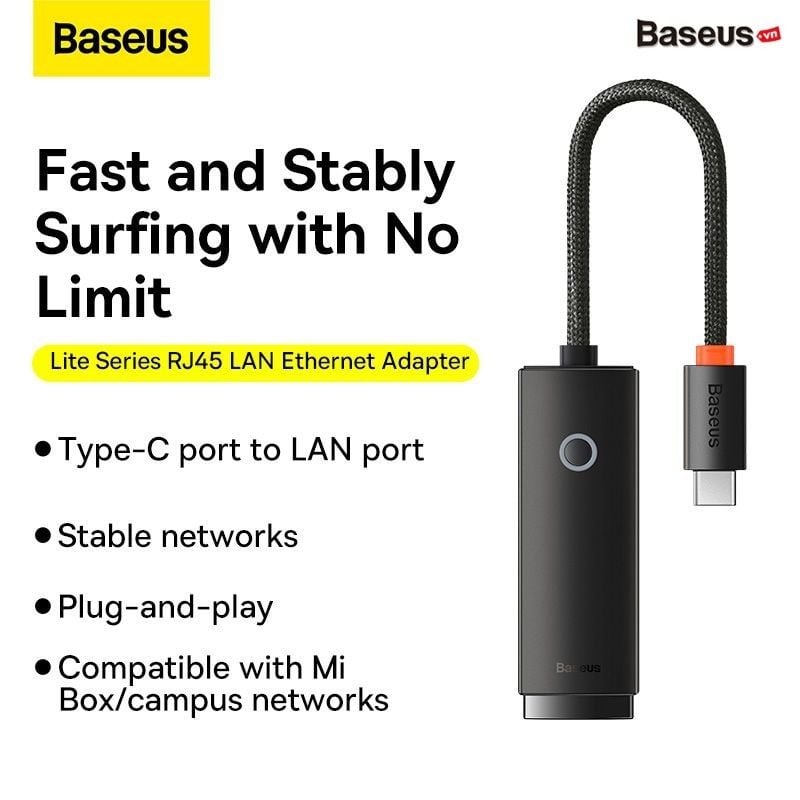 Hub Chuyển Đổi Kết Nối Baseus Lite Series Ethernet Adapter Type C to RJ45 LAN Port (100Mbps/1000Mbps)