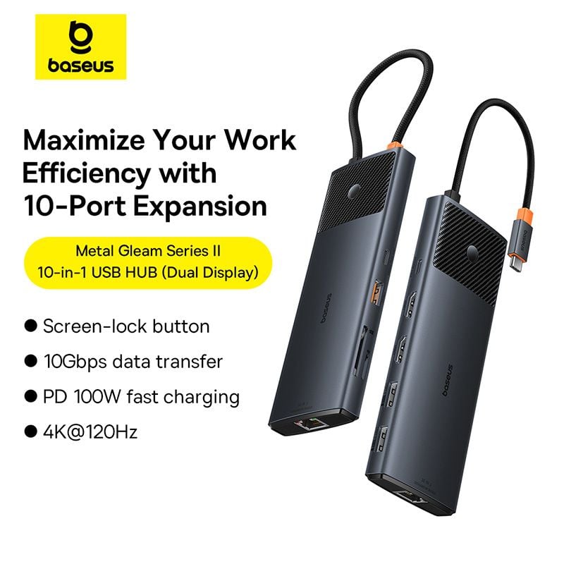 Hub Mở Rộng Kết Nối Baseus Metal Gleam Series II 10-in-1 (1*HDMI4K@120Hz+1*HDMI4K@60Hz+1*RJ45 GbE, 1*SD/TF, 1*PD, 1*Type-C 3.2Gen1 10Gbps, 2*USB2.0, 1*USB3.0)