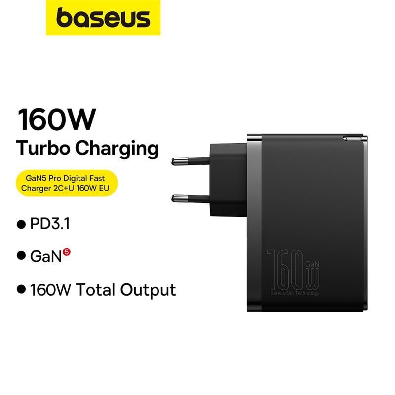 Bộ Sạc Nhanh Baseus GaN5 Pro Digital 160W Cho Laptop Macbook iPhone Samsung (Fast Charger 2C+U PD3.1 QC PPS SCP FCP AFC)