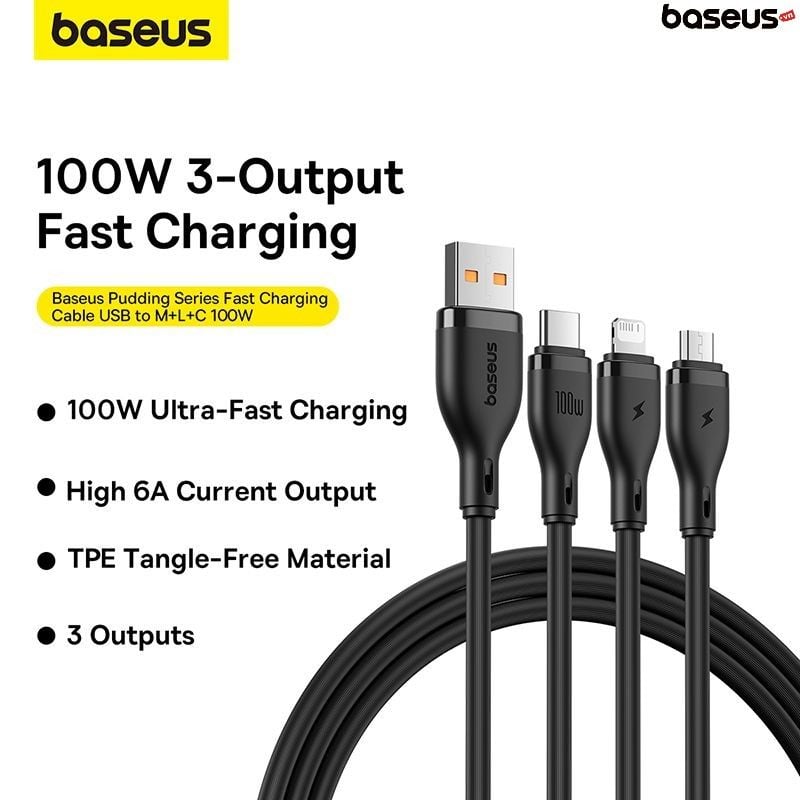 Cáp Sạc Đa Năng 3 in 1 Baseus Pudding Series One-for-three Fast Charging Cable USB to M+L+C 100W