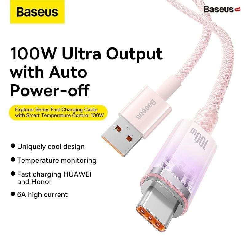 Cáp Sạc Nhanh Tự Ngắt Baseus Explorer Series 2 USB to Type-C 100W dùng cho Samsung Huawei Xiaomi Honor (Smart Power-Off with Smart Temperature Control, Fast Charging Cable)