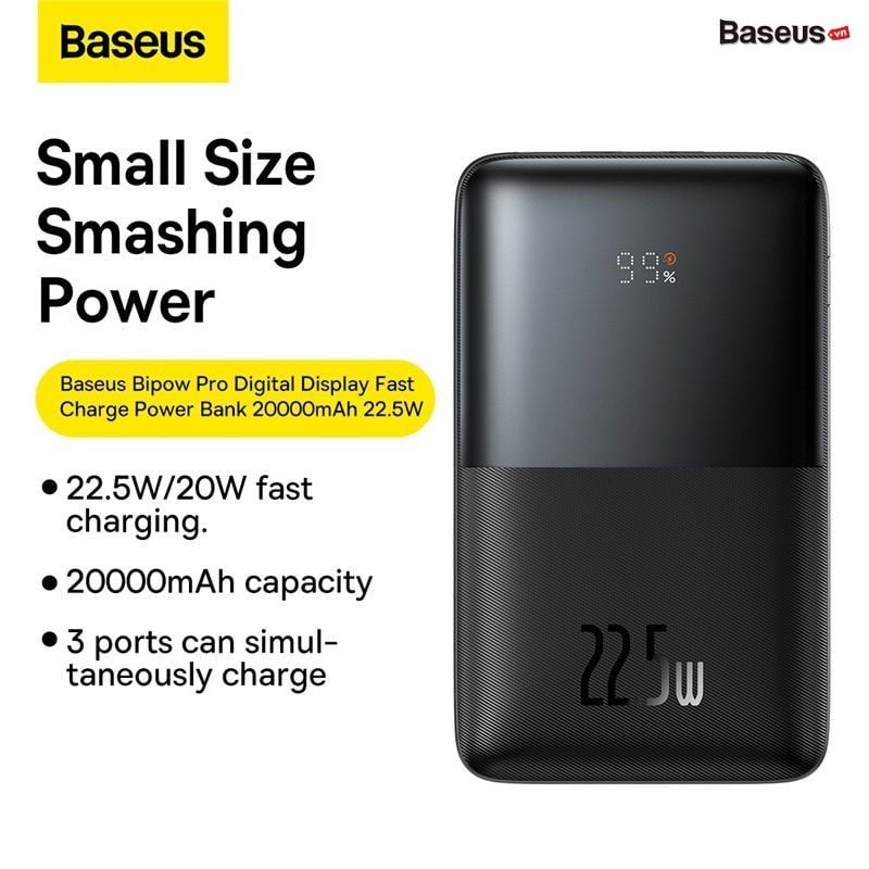 Pin Dự Phòng Sạc Nhanh Nhỏ Gọn Baseus Bipow Pro Digital Display 20000mAh 22.5W (SCP/PD/QC/FCP/AFC Fast Charge Power Bank)