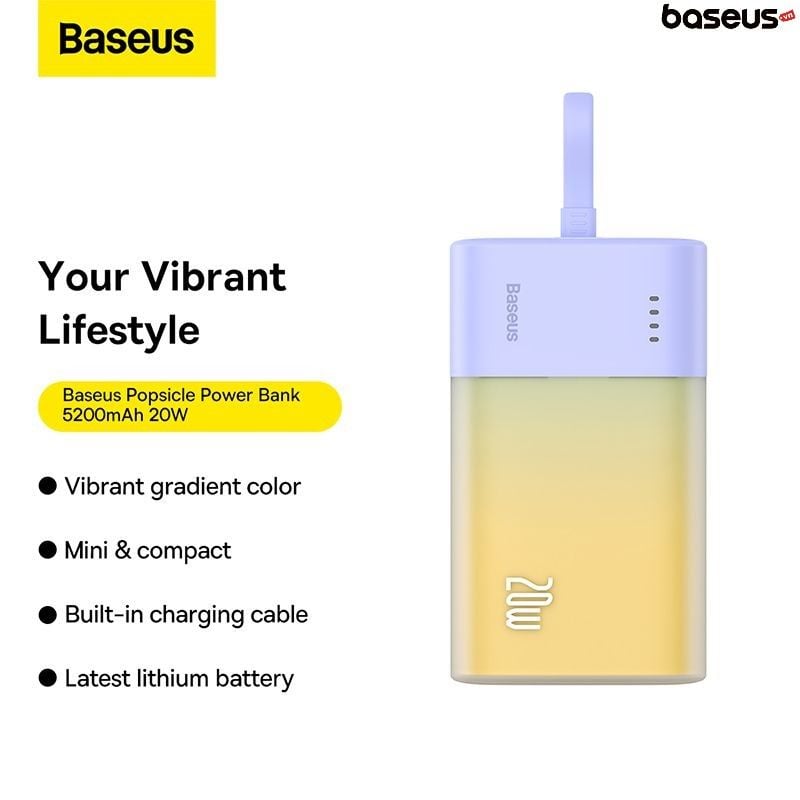 Pin Dự Phòng Sạc Nhanh Baseus Popsicle Fast Charging Power Bank IP Edition 5200mAh 20W PD, QC, AFC, FCP (With Baseus Simple wiring Type-C to Type-C 60W)