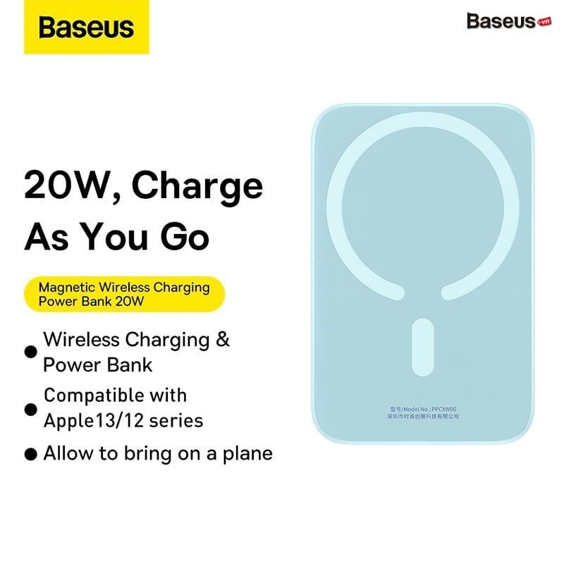 Pin Sạc Dự Phòng Không Dây Tích Hợp Nam Châm Baseus Magnetic Wireless Charging Power bank 6000mAh 20W (With Baseus Xiaobai series Cable Type-C to Type-C 60W(20V/3A) 50cm)