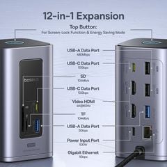 Hub Mở Rộng Đa Năng 12-in-1 Baseus NU1 Air Spacemate (USB-C to 2*HDMI 4K@60Hz+2*USB-C (10Gbps)+2*USB-A (5Gbps)+2*USB-A (480Mbps)+1*RJ45+SD/TF 3.0+1*USB-C (PD))