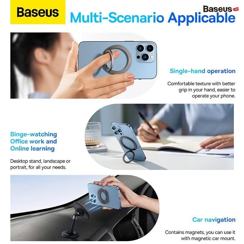 Giá đỡ MagSafe Baseus Halo Series – Vòng kim loại gập, hút nam châm, dùng cho iPhone 12/13 và phụ kiện Apple