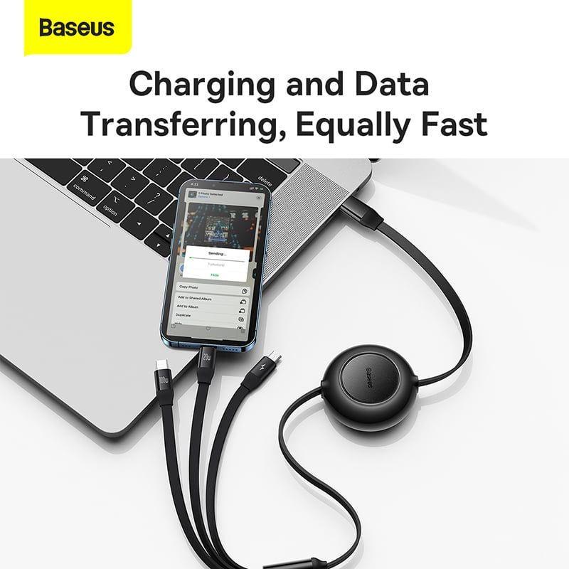 Cáp sạc dây rút 3 đầu Baseus Bright Mirror – 100W, Type-C/Lightning/Micro USB, sạc & truyền dữ liệu, gọn nhẹ