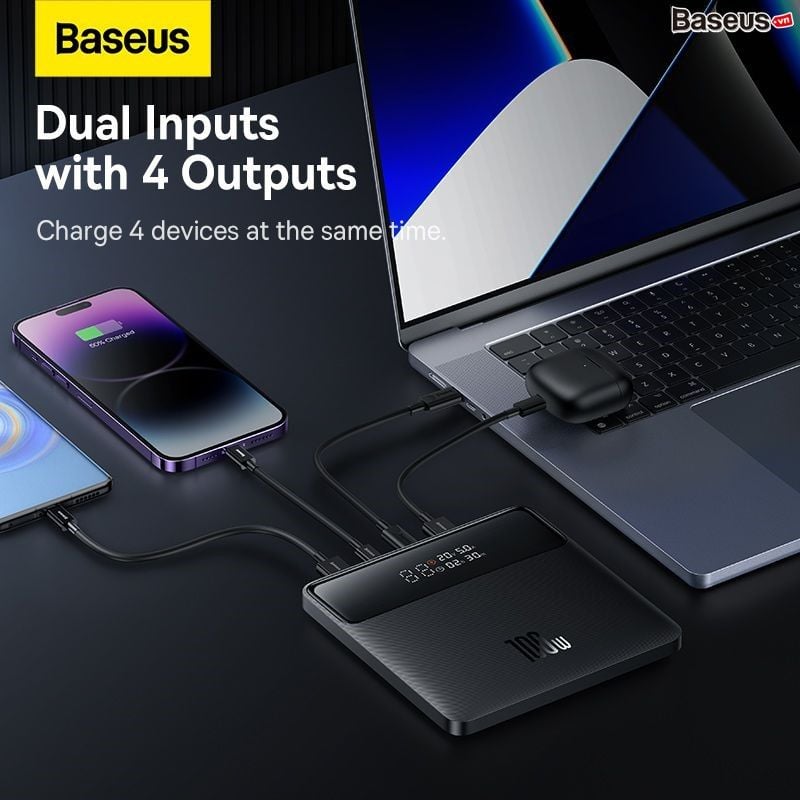 Pin dự phòng Baseus Blade 100W – 20000mAh, 4 cổng (2C + 2USB), sạc nhanh laptop, màn hình LED, kèm cáp C to C