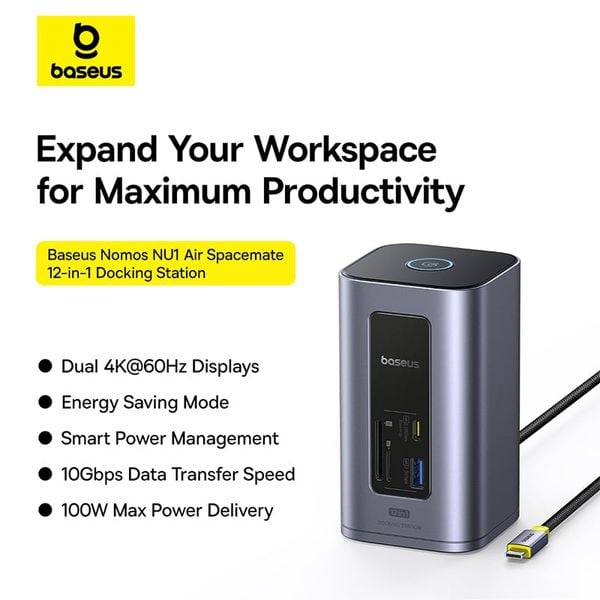 Hub Mở Rộng Đa Năng 12-in-1 Baseus NU1 Air Spacemate (USB-C to 2*HDMI 4K@60Hz+2*USB-C (10Gbps)+2*USB-A (5Gbps)+2*USB-A (480Mbps)+1*RJ45+SD/TF 3.0+1*USB-C (PD))