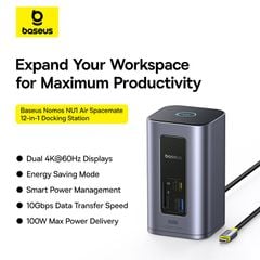 Hub Mở Rộng Đa Năng 12-in-1 Baseus NU1 Air Spacemate (USB-C to 2*HDMI 4K@60Hz+2*USB-C (10Gbps)+2*USB-A (5Gbps)+2*USB-A (480Mbps)+1*RJ45+SD/TF 3.0+1*USB-C (PD))
