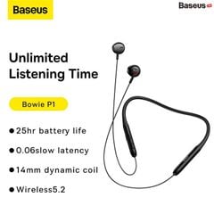 Tai Nghe Bluetooth Thể Thao, Chống nước Baseus Bowie P1 (25hr/Bluetooth 5.2, Waterproof, Half In-ear Neckband Wireless Earphones)