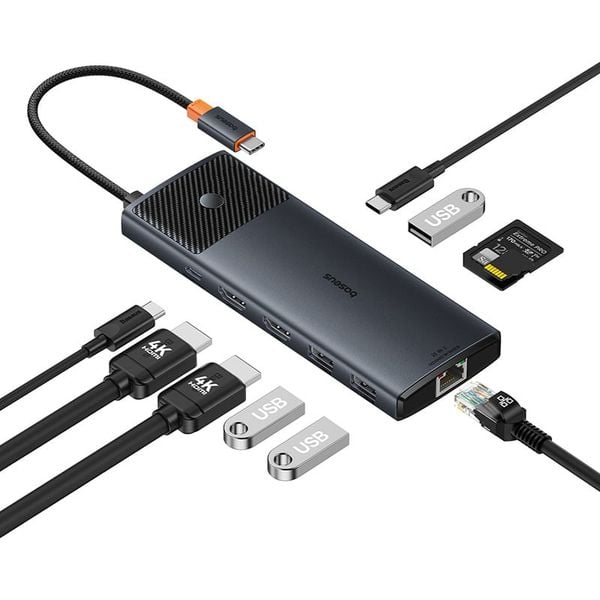 Hub Mở Rộng Kết Nối Baseus Metal Gleam Series II 10-in-1 (1*HDMI4K@120Hz+1*HDMI4K@60Hz+1*RJ45 GbE, 1*SD/TF, 1*PD, 1*Type-C 3.2Gen1 10Gbps, 2*USB2.0, 1*USB3.0)