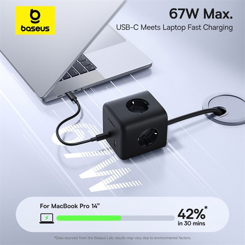 Bộ Sạc Nhanh 3AC+1U+1C Baseus EnerFill FA11 Cube Power Strip 67W (Tích Hợp Dây Nguồn Nối Dài 1.5m Chân EU)