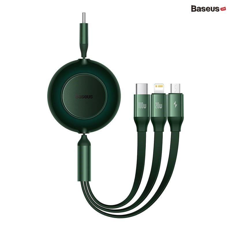Cáp Sạc Dây Rút Công Suất 100W Baseus Bright Mirror 3 in 1 Series 2 (USB to Type C/Lightning/Micro USB Retractable Data Cable)