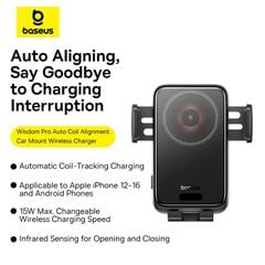 Đế Giữ Điện Thoại Kiêm Sạc Không Dây Cho Ô Tô Baseus Wisdom Pro (Auto Coil Alignment, 15W)