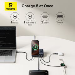Bộ Sạc Để Bàn 3C+U Baseus NOMOS 5-in-1 140W (Qi2 Wireless Charging, Retractable Cable, Digital Display)