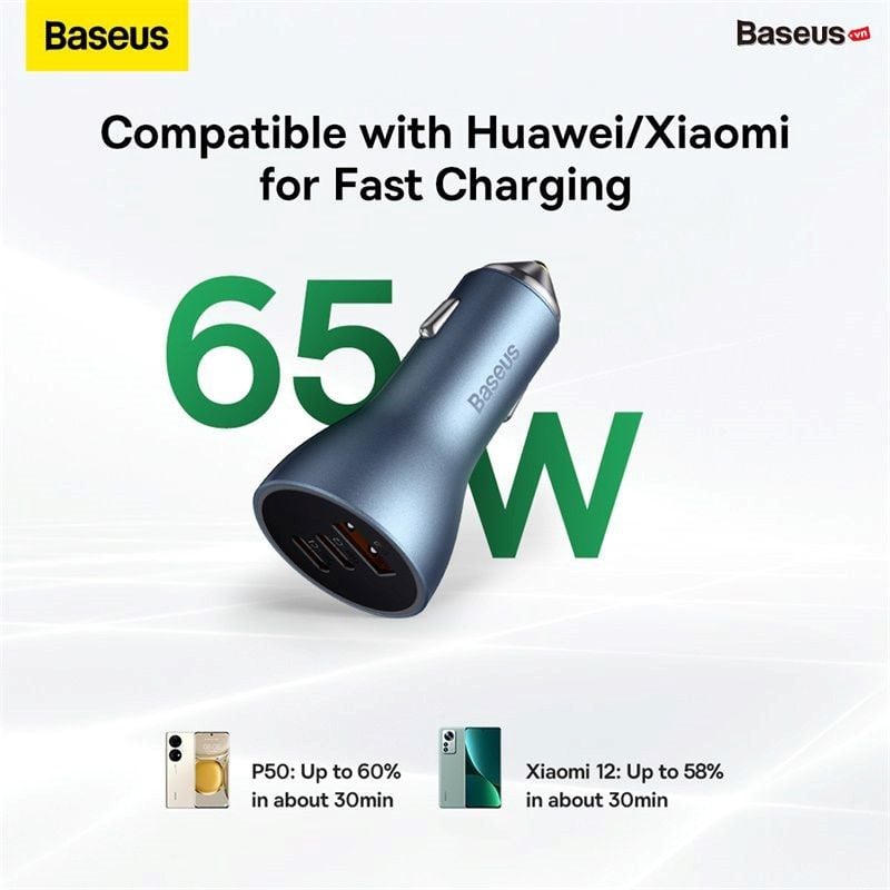 Tẩu Sạc Nhanh Đa Năng Trên Ô Tô 65W Baseus Golden Contactor Pro Triple Fast Charger Car Charger QC 3.0 4.0 Cho IPhone Huawei Xiaomi Samsung