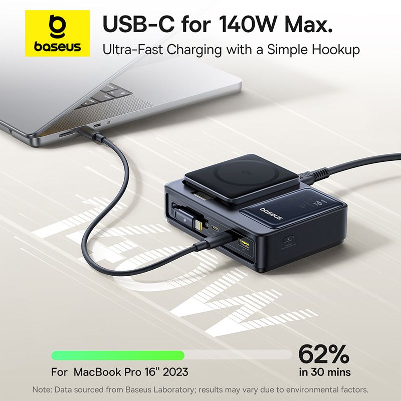 Bộ Sạc Để Bàn 3C+U Baseus NOMOS 5-in-1 140W (Qi2 Wireless Charging, Retractable Cable, Digital Display)