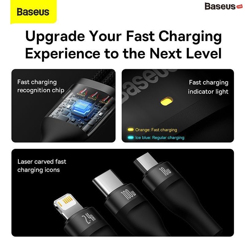 Cáp Sạc 3 Đầu Công Suất Cao Baseus Flash Series Ⅱ One-for-three Fast Charging Data Cable (USB to M+L+C 100W 1.2m)