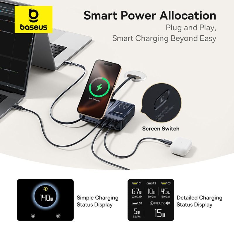 Bộ Sạc Để Bàn 3C+U Baseus NOMOS 5-in-1 140W (Qi2 Wireless Charging, Retractable Cable, Digital Display)