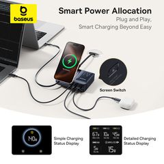 Bộ Sạc Để Bàn 3C+U Baseus NOMOS 5-in-1 140W (Qi2 Wireless Charging, Retractable Cable, Digital Display)