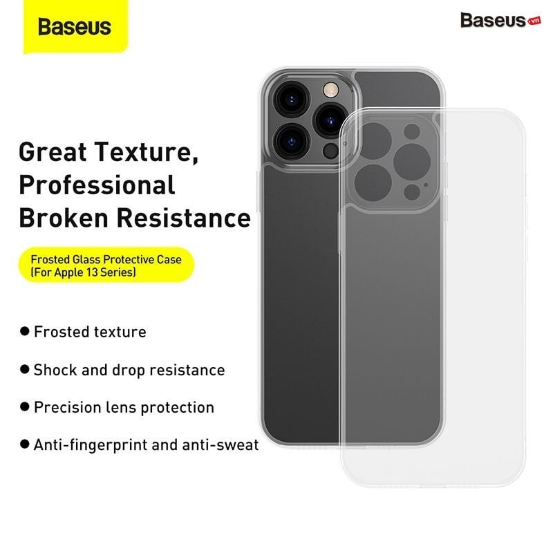Ốp lưng Baseus Frosted Glass iPhone 13 – Cường lực nhám, viền dẻo chống sốc, kèm kính full & bộ vệ sinh