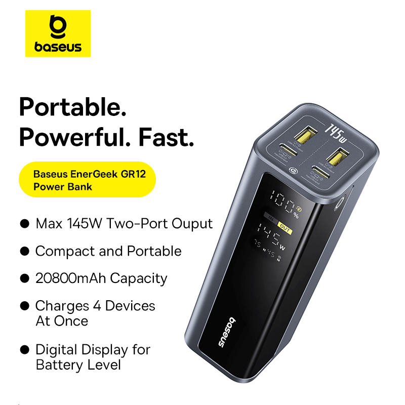 Pin Dự Phòng 2C+2A Baseus EnerGeek GP12 20800mAh 145W (with Digital Display, Bao gồm C to C Cable 1M 100W)