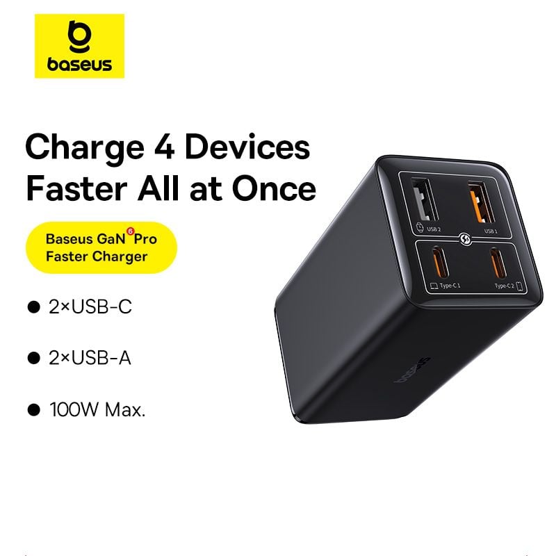 Củ Sạc Nhanh Baseus GaN6 Pro Fast Charger 2C+2U 100W (Tặng kèm cáp nối dài 1m)