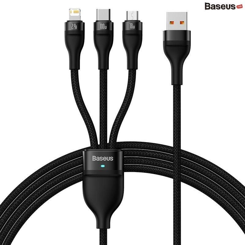 Cáp Sạc 3 Đầu Công Suất Cao 	Baseus Flash Series Ⅱ One-for-three Fast Charging Data Cable (USB to M+L+C 100W 1.2m)