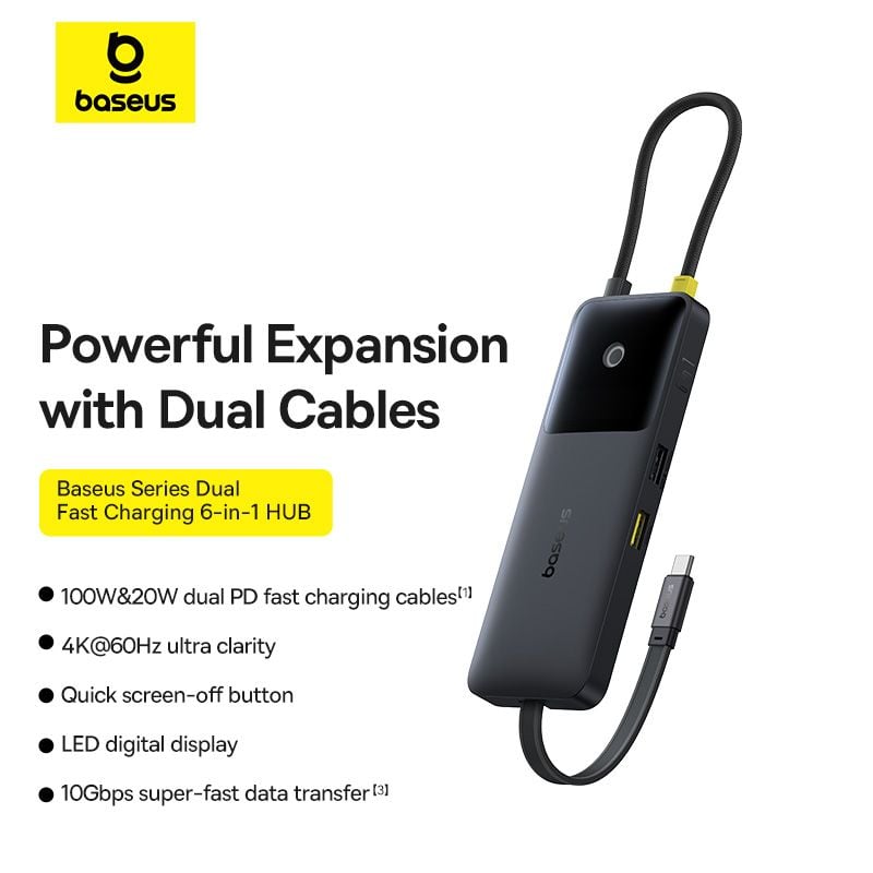Hub Mở Rộng Kết Nối Đa Năng Baseus Nomos Series 6-in-1 (Dual Fast Charging, Type-C to HDMI 4K@60Hz*1, USB3.2*1, Type-C3.2*1, Type-C3.2 & PD20W*1, USB2.0*1+PD*1)
