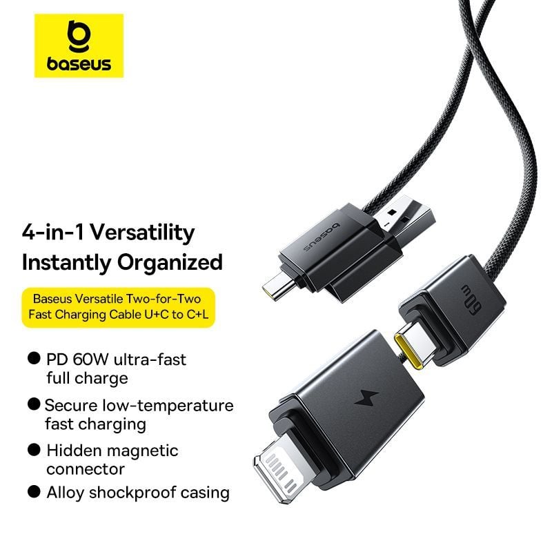 Cáp Sạc Nhanh 4-in-1 Baseus Versatile Two-for-Two U+C to C+L 60W (480Mbps)