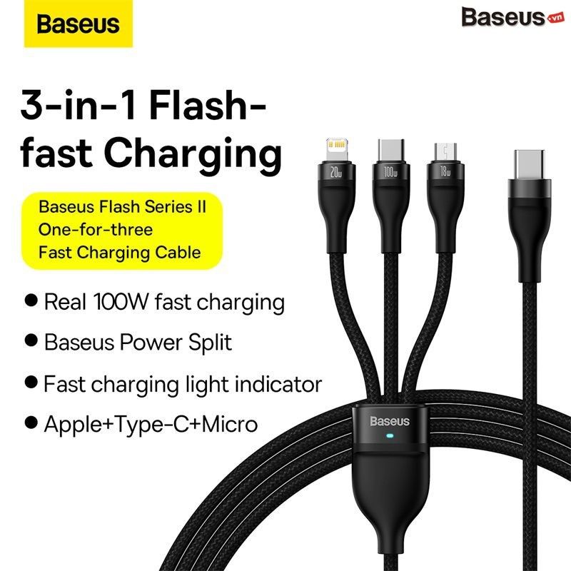 Cáp Sạc Nhanh Đa Năng 3 in 1 Baseus Flash Series Ⅱ One-for-three Fast Charging Cable Type-C to M+L+C 100W 1.5M