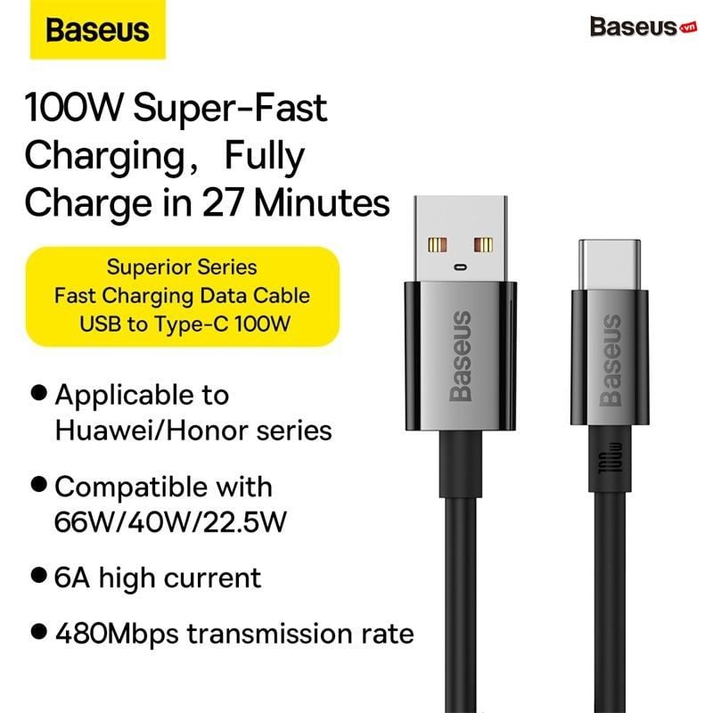 Cáp Sạc Nhanh Baseus Superior Series Fast Charging Data Cable USB to Type-C 100W Cho Huawei Honor Android 6A/100W