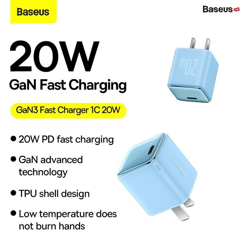 Củ Sạc Baseus GaN3 1C 20W  - Sạc nhanh, nhỏ gọn cho iPhone/iPad/Samsung/Xiaomi/Huawei (PD/QC Multi Quick Charge Support, Smart Protect)