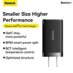 Bộ sạc nhanh Baseus GaN5 Pro 65W – Combo củ sạc + cáp C to C 100W, 2C + USB, hỗ trợ PD3.0/PPS/QC4.0/SCP/FCP