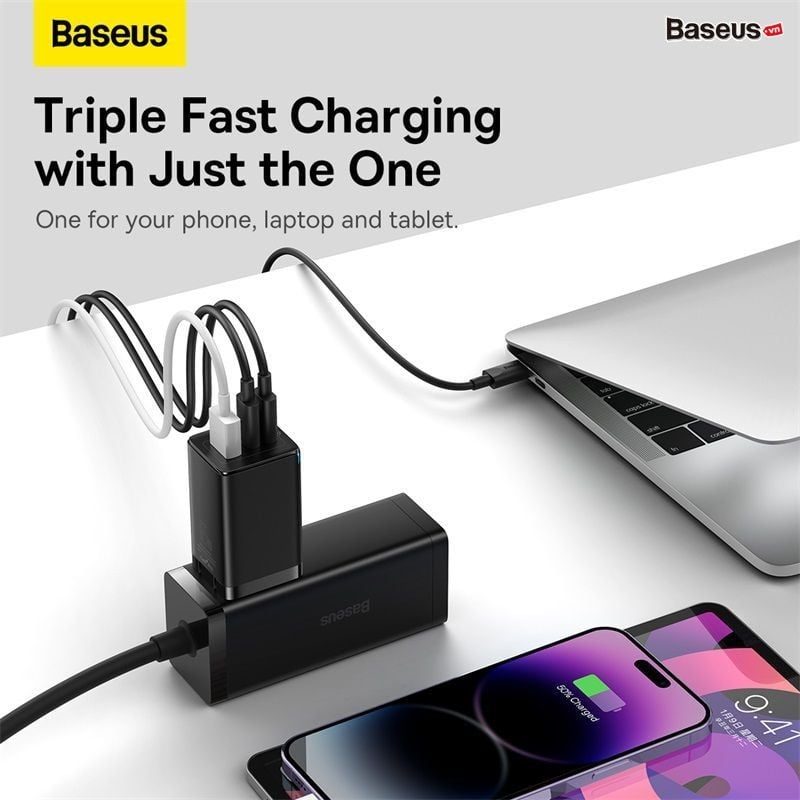 Bộ Sạc Nhanh kèm Cáp C to C Baseus GaN5 Pro Quick Charger 65W (Combo Củ kèm Cáp sạc 100W, Type C*2 + USB, PD3.0/PPS/QC4.0/SCP/FCP Multi Quick Charge Protocol)