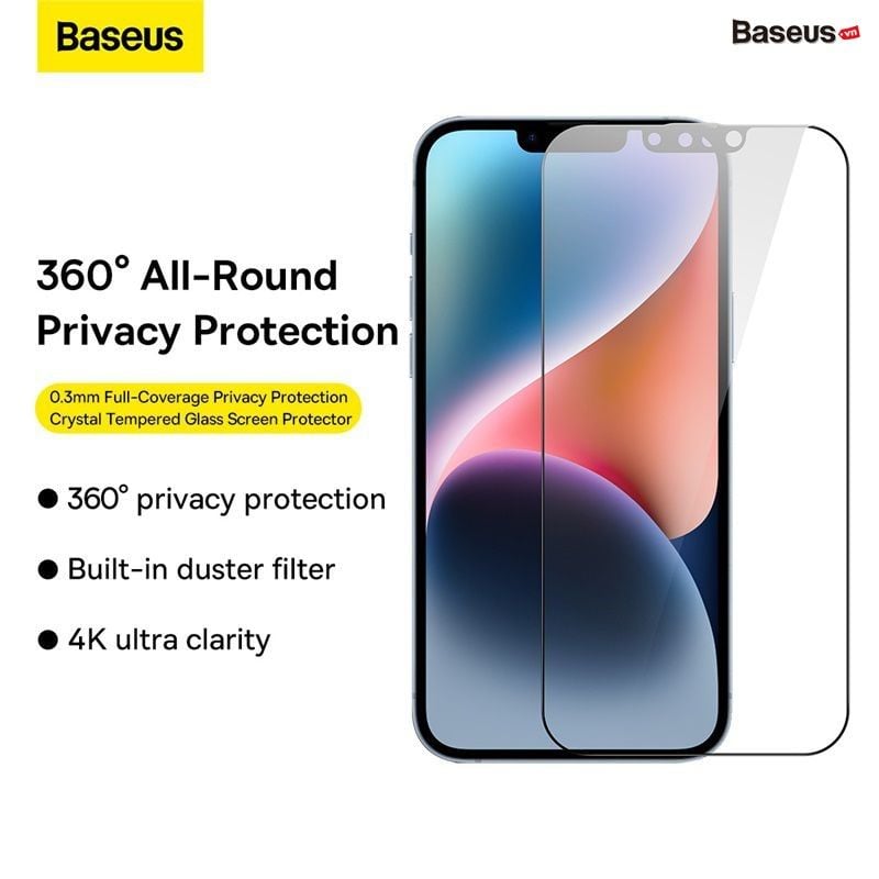 Kính Cường Lực Full HD 4K Chống Nhìn Trộm Cho iPhone 14 Series Baseus 0.3mm Full-Coverage Privacy Protection Crystal Tempered Glass Screen Protector (HD Anti Peeping)