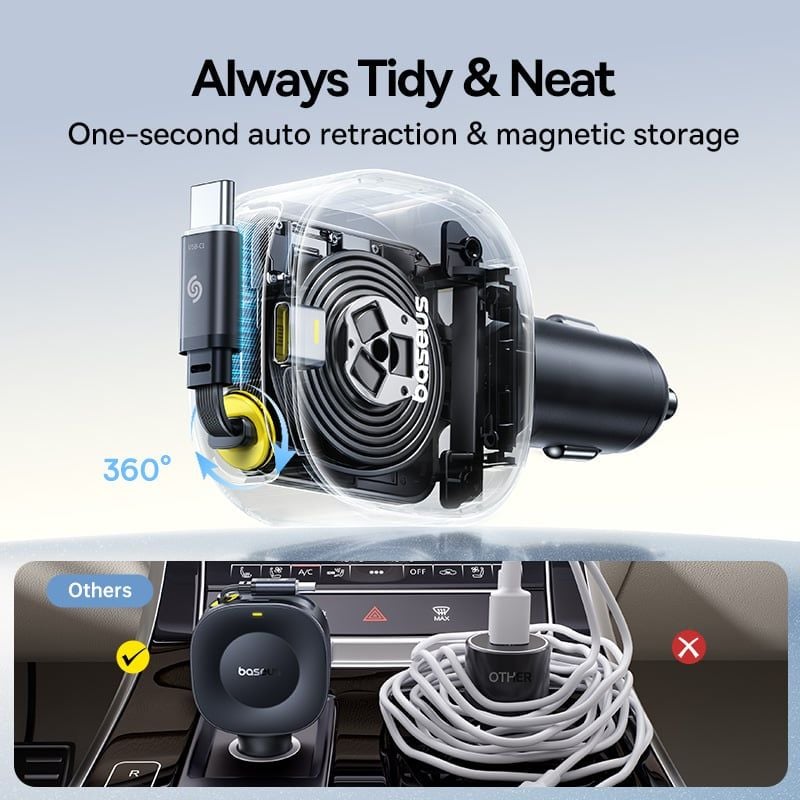 Tẩu Sạc Cho Ô Tô Baseus PrimeTrip VR2 30W (with 31.5-Inch Retractable Cable C+Type-C Port, Uninterrupted & Ultra-Safe Charging, 360° Rotation)