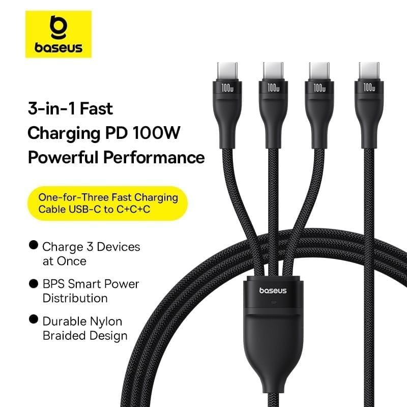 Cáp Sạc Nhanh Đa Năng 1 for 3 Baseus Flash Series 3 100W (Type-C to 3*Type-C, 1.5m, 480Mbps)
