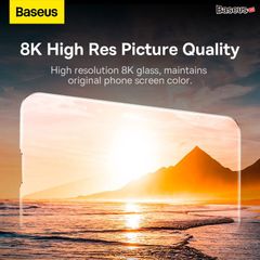 Kính Cường Lực Full HD 8K Cho iPhone 14 series Baseus All-glass Crystal Tempered Glass Film 0.3mm New 2022 (Full kính, full viền, Bộ 2 cái + Khung cố định hỗ trợ dán)