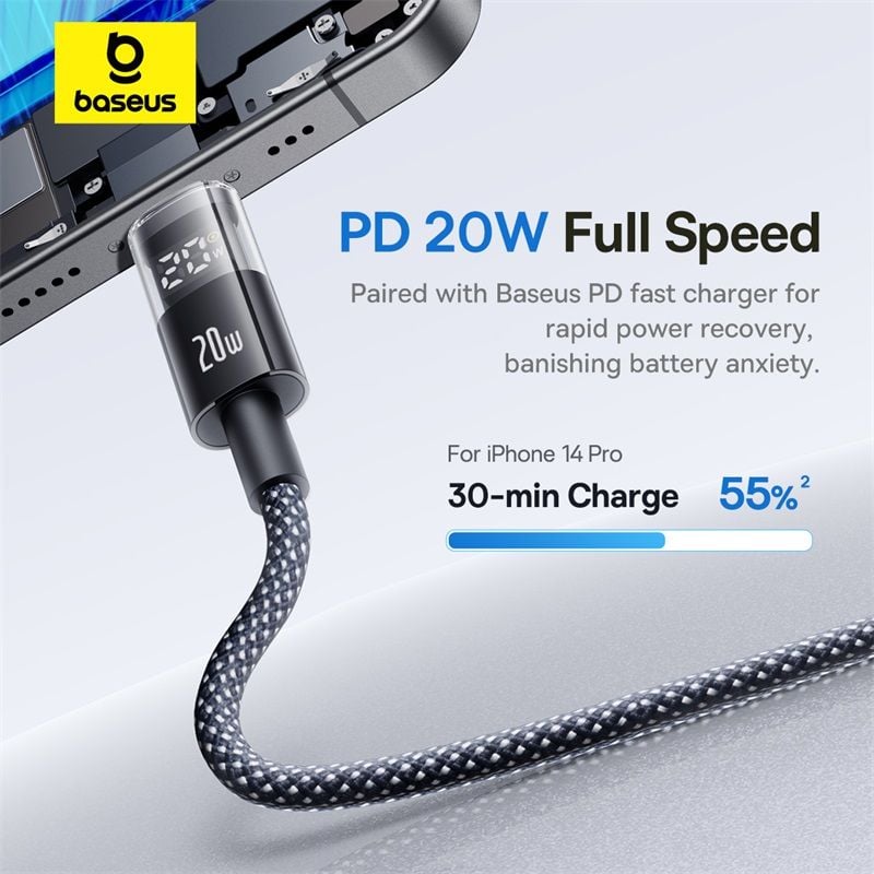 Cáp Sạc Nhanh C to Lightning Baseus Display 2 20W (Digital Display, 480Mbps)